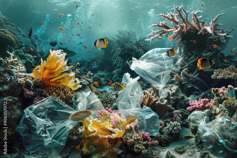 A vibrant coral reef suffering from plastic pollution, highlighting the environmental impact on marine life