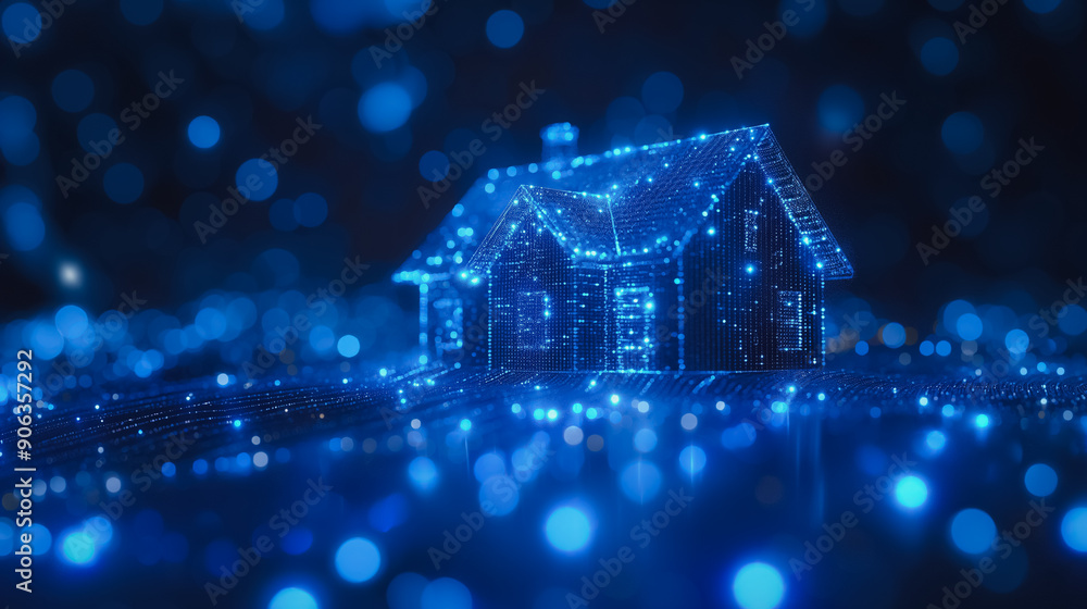 A house is lit up in blue lights. The lights on the house are twinkling, giving it a warm and cozy feeling A house is lit up in blue lights. The lights on the house are twinkling, giving it a warm and cozy feeling
