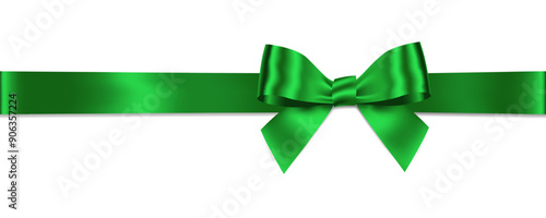 Green Bow and Ribbon Horizontal Realistic shiny satin with shadow horizontal ribbon for decorate your Christmas  card ,Breast Cancer Awareness Month,greeting or gift boxes vector EPS10