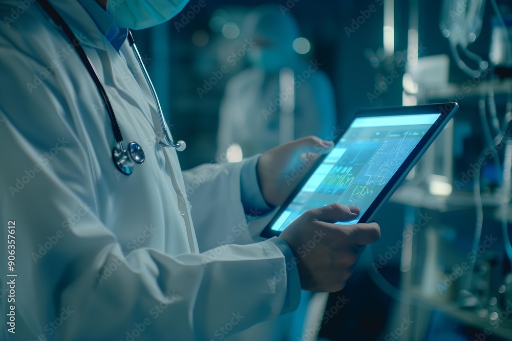 Doctor analyzing medical data on a digital tablet device. Doctor analyzing medical data on a digital tablet device.