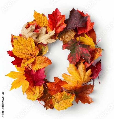 Autumn Wreath Made of Colorful Maple Leaves on a White Background