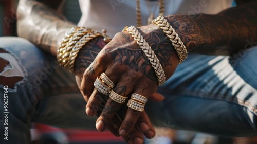 Close-up of a Man's Hands Adorned with Gold Jewelry