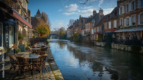 Amiens old town SaintLeu quarter embankment promenade of Somme river street restaurants and cafe typical houses stone bridge in historical city centre France landmarks HautsdeFrance Re : Generative AI photo