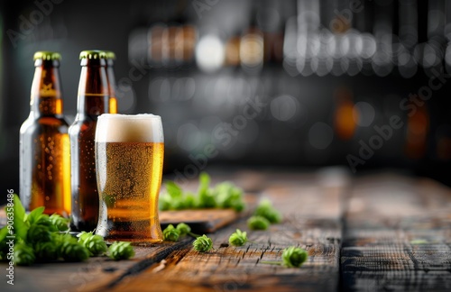 Cold Beer Glass With Bottles and Fresh Hops on Rustic Wooden Table