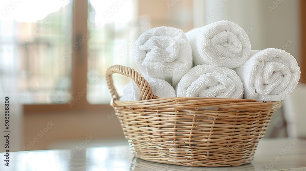 Clean White Towels in Wicker Basket Clean White Towels in Wicker Basket