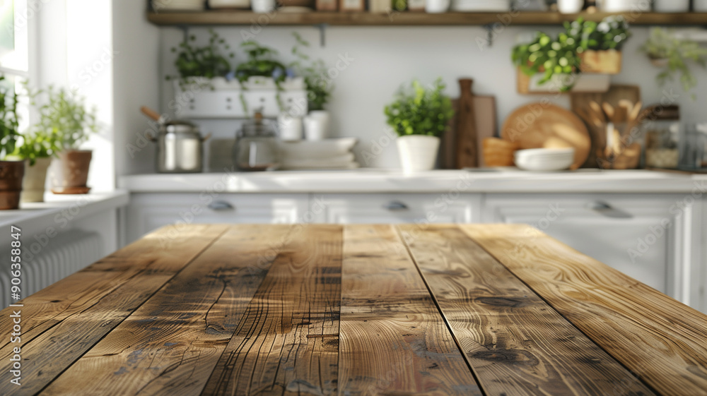 Wooden table with blurred kitchen background Wooden table with blurred kitchen background