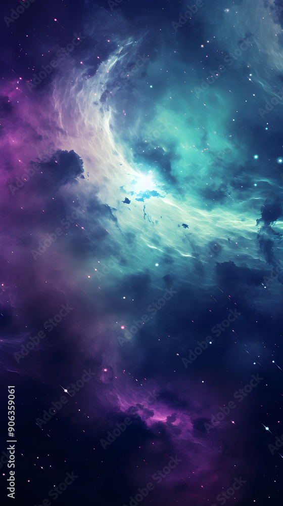 Fototapeta premium Digital purple and green nebula starry abstract graphic poster background