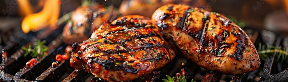 Delicious grilled chicken breast fillets showcasing perfect grill marks, surrounded by vibrant herbs and a smoky background. Delicious grilled chicken breast fillets showcasing perfect grill marks, surrounded by vibrant herbs and a smoky background.