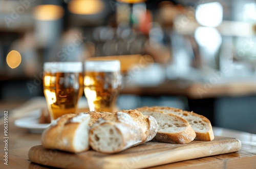 Delicious Bread and Beer at a Vibrant Restaurant in the Evening