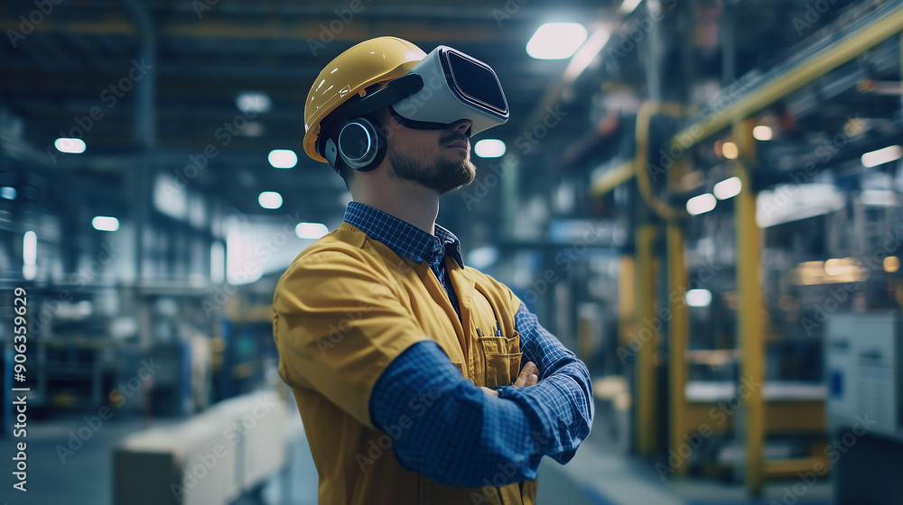 A man wearing a blue shirt and a virtual reality headset. He is standing in a large industrial building A man wearing a blue shirt and a virtual reality headset. He is standing in a large industrial building