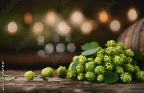 Freshly Harvested Hops on Rustic Table With Beer Glasses in Background