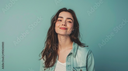 Young woman expressing pride standing against a solid studio background