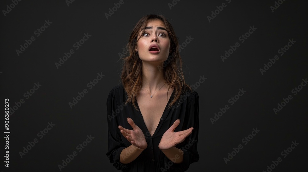 Young woman expressing relief standing against a solid studio background Young woman expressing relief standing against a solid studio background