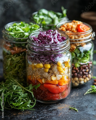 Three glass jars with layering various vegan salads for healthy lunch. The concept of fitness and vegetarian food.