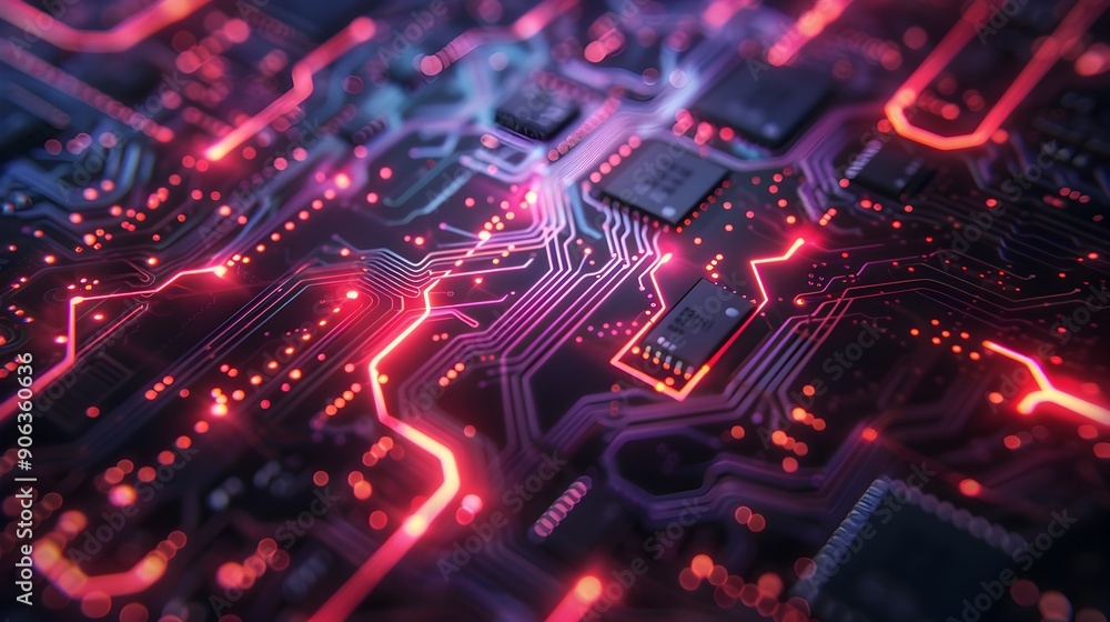 Obraz premium Glowing Circuit Board with Intricate Neon Patterns and Futuristic High Tech Design