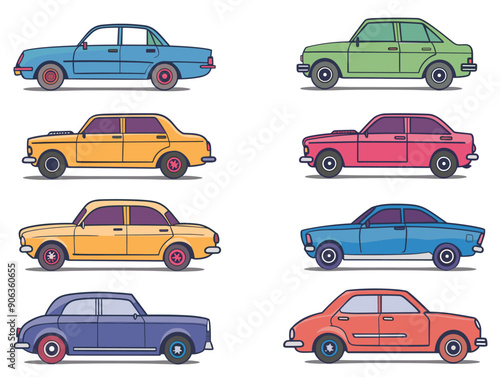 Vintage cars collection colorful flat design side view. Various classic cars blue, yellow, green, pink, orange colors. Set oldfashioned automobiles isolated white background