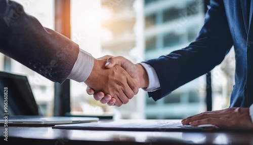 Business contract contract deal businessman handshake close up, palms blurred office background