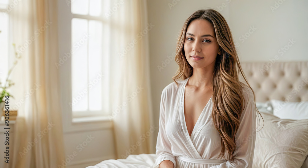 Serene Morning with Young Woman in Bright Bedroom Serene Morning with Young Woman in Bright Bedroom