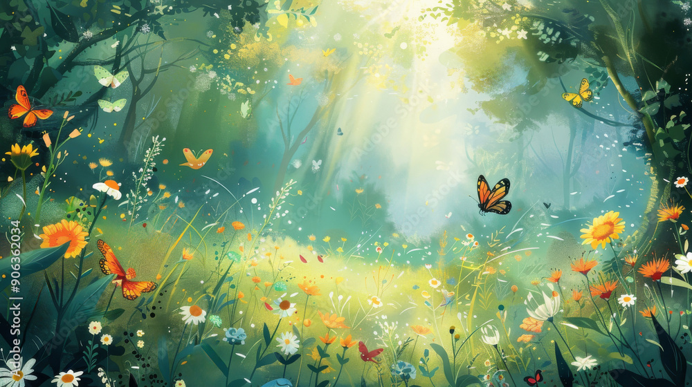 Sunlit Forest Glade with Butterflies. Sunlit Forest Glade with Butterflies.
