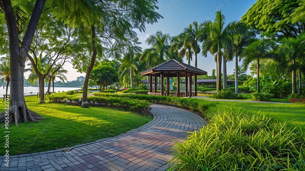 Fototapeta premium Panorama public park with clipping path : Generative AI