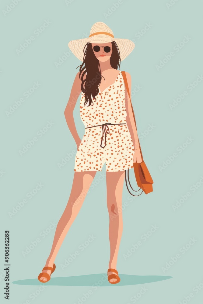 Minimalism illustration, a Caucasian woman, wearing a boho romper with a wide-brimmed straw hat and a crossbody bag, standing with one hand in her pocket, flat illustration boho Minimalism illustration, a Caucasian woman, wearing a boho romper with a wide-brimmed straw hat and a crossbody bag, standing with one hand in her pocket, flat illustration boho