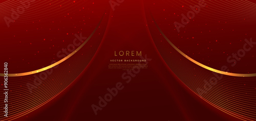 Luxury golden curve lines on red background with lighting effect and copy space for text.