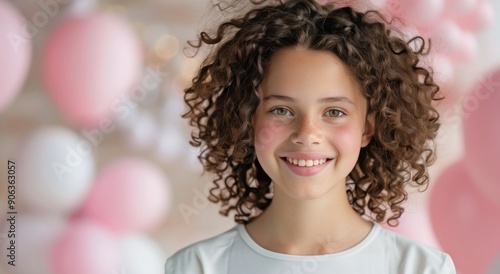 Smiling Young Girl With Curly Hair Surrounded By Pink Balloons In a Festive S...