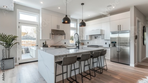 Modern kitchen island with bar stools, sleek countertops, and minimalist decor. Space for text on the side.