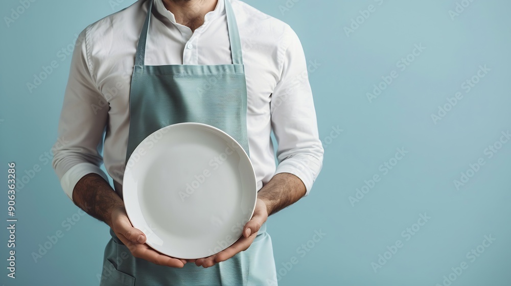 Close up cropped barista male waiter hold in hand plate with empty tray isolated on pastel plain light blue color wall background studio Restaurant employee concept Copy space advertis : Generative AI Close up cropped barista male waiter hold in hand plate with empty tray isolated on pastel plain light blue color wall background studio Restaurant employee concept Copy space advertis : Generative AI