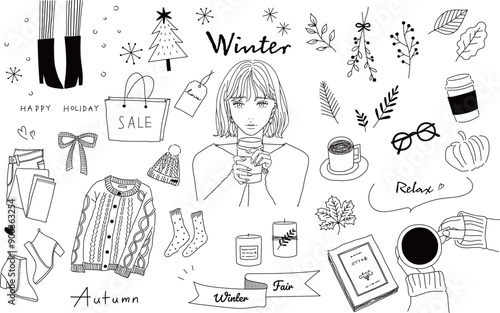 手描きの冬のイラストとコーヒーを飲む女の子