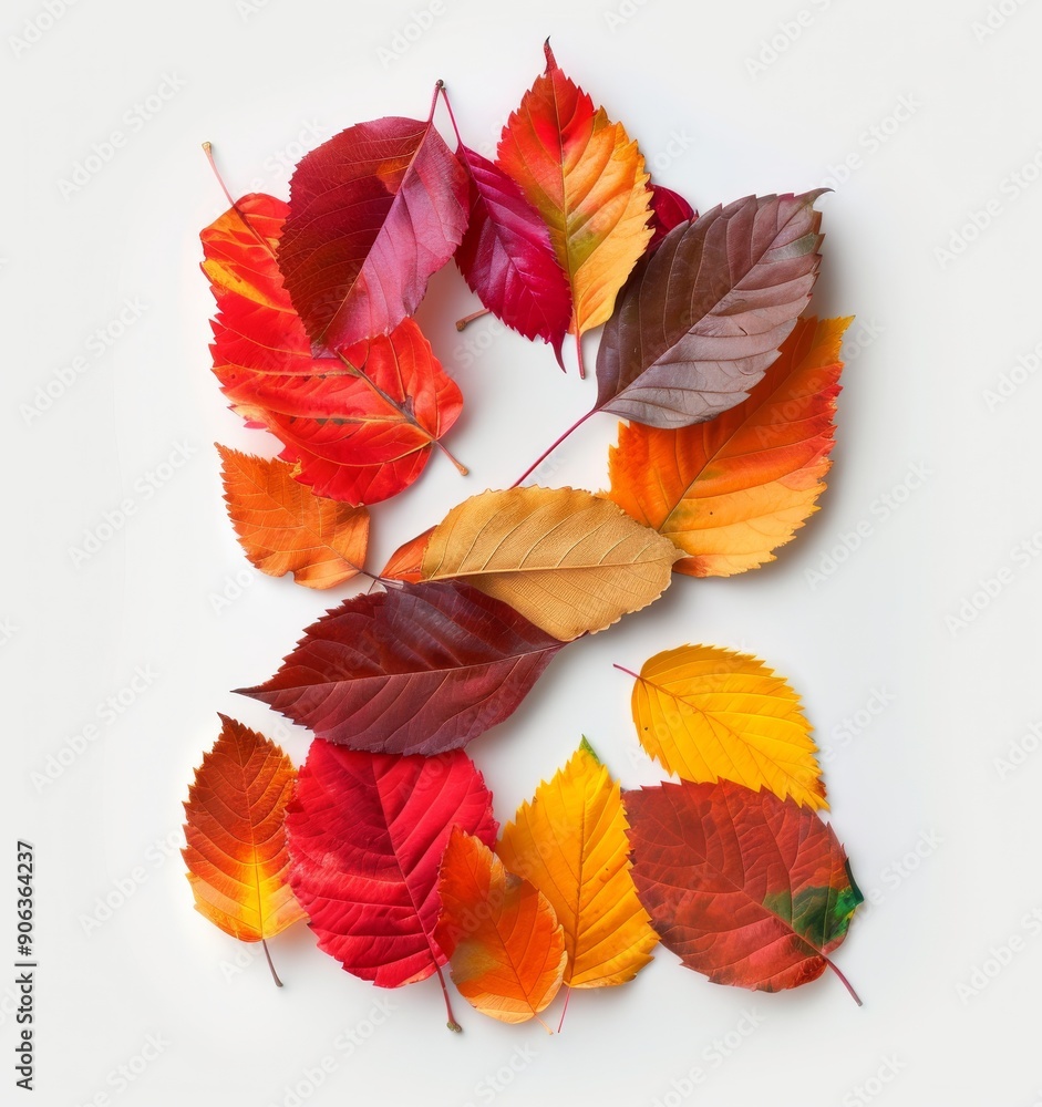 Fototapeta premium Colorful Autumn Leaves Forming The Number Two On A White Background