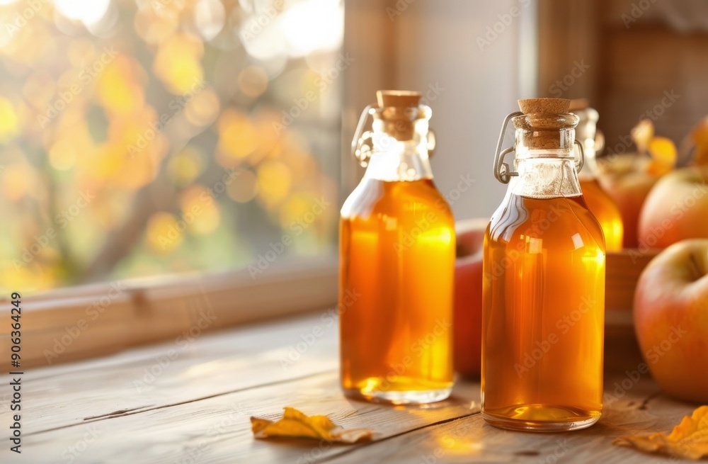 Bottles of Golden Apple Cider Near Fresh Apples on a Sunny Autumn Afternoon Bottles of Golden Apple Cider Near Fresh Apples on a Sunny Autumn Afternoon