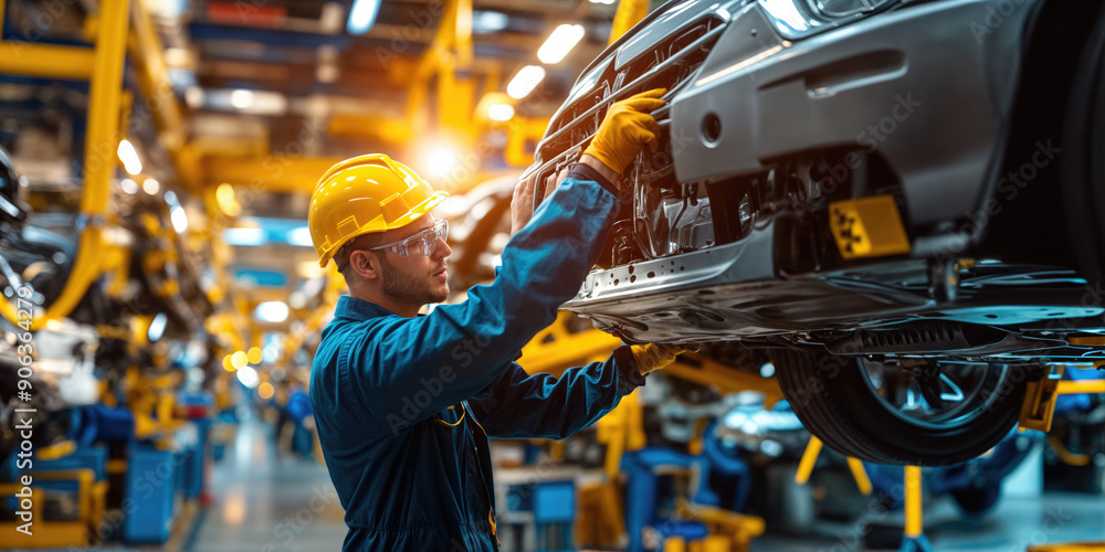 Car factory worker assembling vehicle on production line Car factory worker assembling vehicle on production line