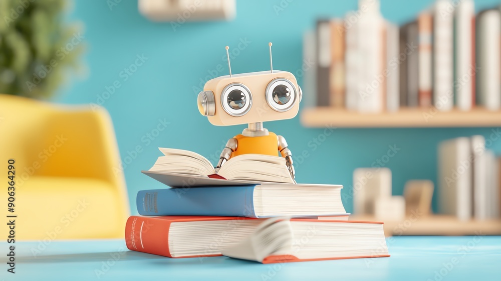 A charming robot reading a book, surrounded by colorful bookshelves, embodies curiosity and learning in a modern space. A charming robot reading a book, surrounded by colorful bookshelves, embodies curiosity and learning in a modern space.
