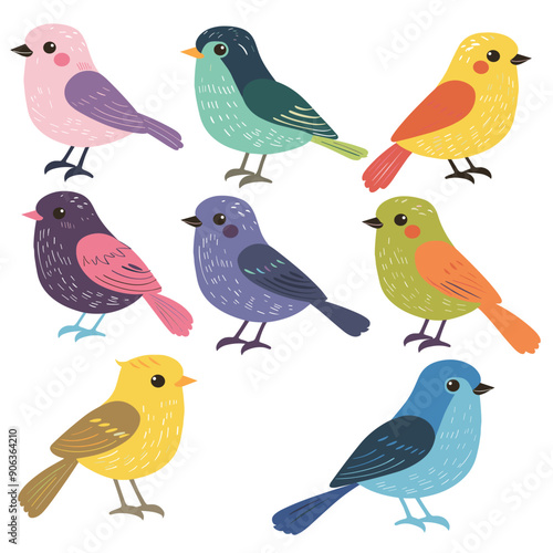 Colorful bird illustrations, differing color species. Cute cartoon birds various plumage patterns. Seven stylized birds, vibrant, isolated white background