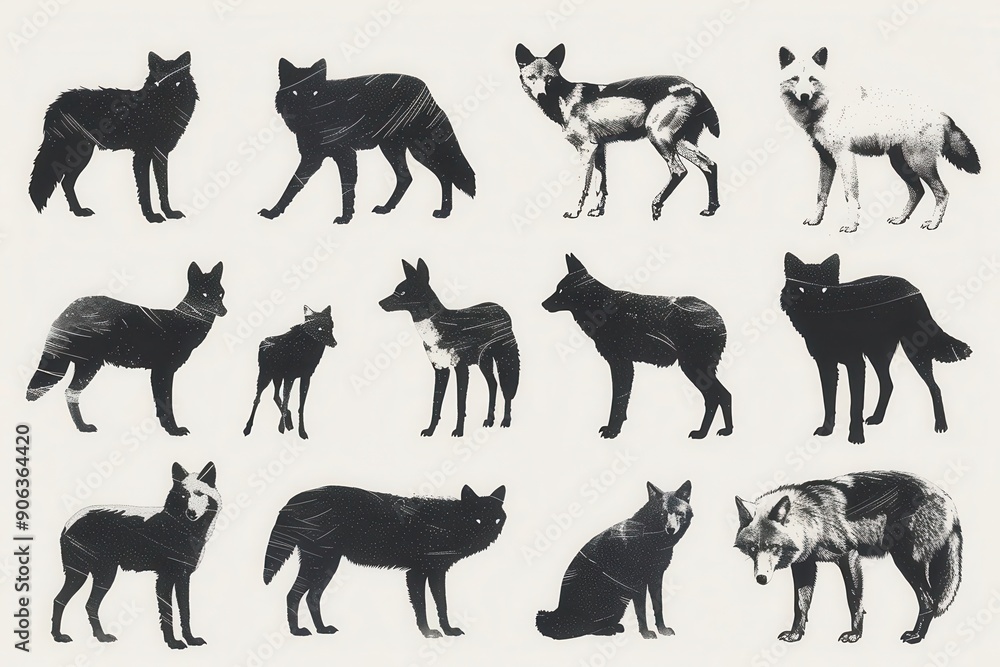 Naklejka premium Hand-drawn animal silhouettes on a white backdrop, doodle design, playful fauna