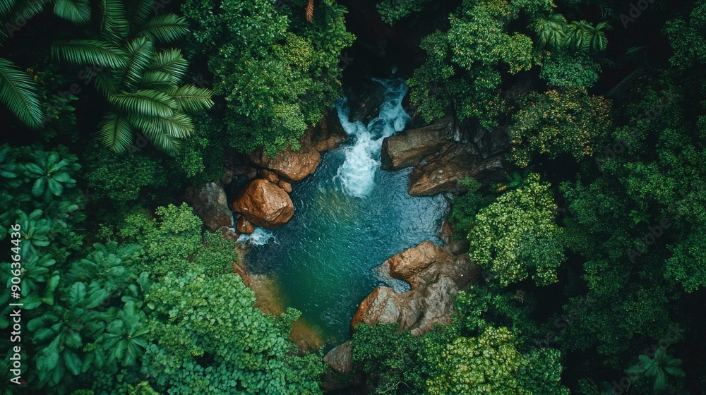 Obraz premium Aerial View of a Secluded Waterfall Pool in a Lush Rainforest