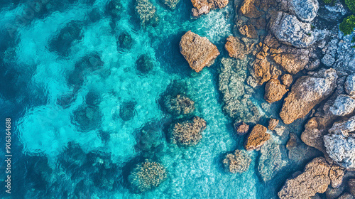**Aerial top view of azure clear water crashing against the rocky coastline of a coral beach.**
