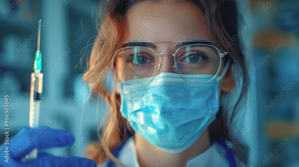 A young female doctor or nurse wearing a medical mask and blue latex gloves with a syringe looks at the camera A young female doctor or nurse wearing a medical mask and blue latex gloves with a syringe looks at the camera
