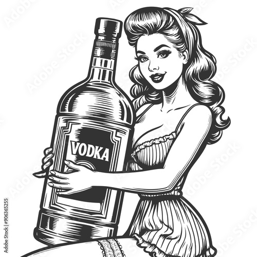 pin-up girl with large vodka bottle, vintage charm with a playful and bold design sketch engraving generative ai fictional character vector illustration. Scratch board imitation. Black and white image