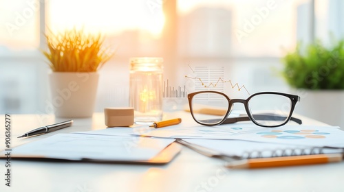 Wallpaper Mural A bright workspace with glasses, documents, and a plant, capturing the essence of productivity and creativity in an office setting. Torontodigital.ca