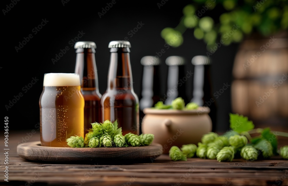 Bottles on Wooden Table With Flowers and Barrels in Rustic Brewery Setting Bottles on Wooden Table With Flowers and Barrels in Rustic Brewery Setting