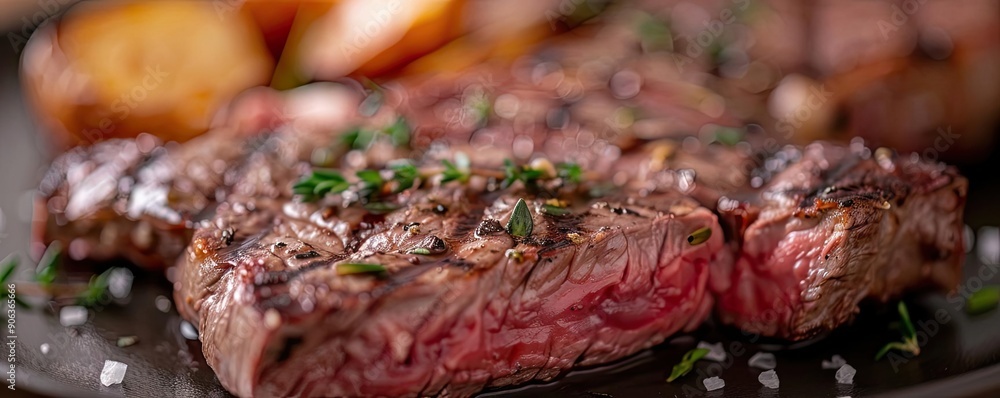 Juicy grilled steak served with potatoes, garnished with herbs and salt for a delectable meal experience. Juicy grilled steak served with potatoes, garnished with herbs and salt for a delectable meal experience.