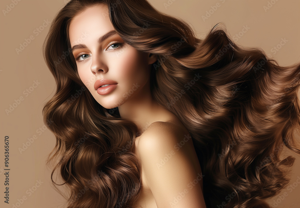 Obraz premium Glorious fashion woman with elegance makeup, long shiny curly hairstyle and healthy skin against brown studio wall background