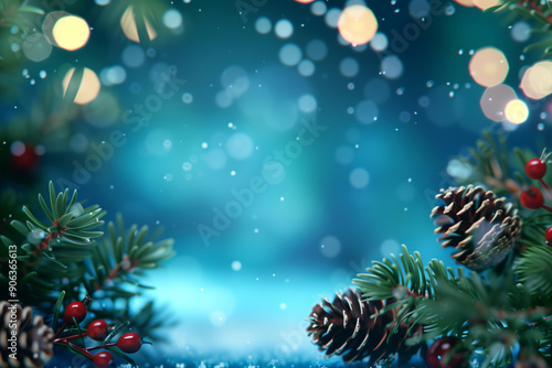 Backround with fir tree branch with cones and warm bokeh lights with copy space. Merry Christmas and Happy New Year. For greeting card, invitation, vertical banner, poster, phone wallpaper.