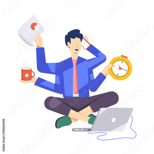 Character based flat illustration of multitasking man 

