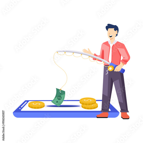 Man doing money scam online, flat illustration 


