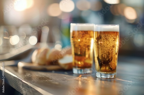 Two Glasses of Beer With Fresh Bread on a Rustic Table in a Warm Bar Setting
