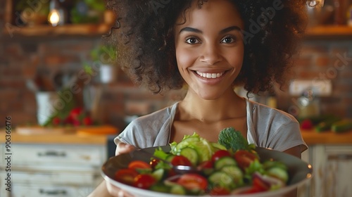 Healthy Eating Joyful African American Lady Enjoying Vegetable Salad Having Dinner Posing In Modern Kitchen At Home Nutrition For Slimming Weight Loss Food Recipes Concept : Generative AI