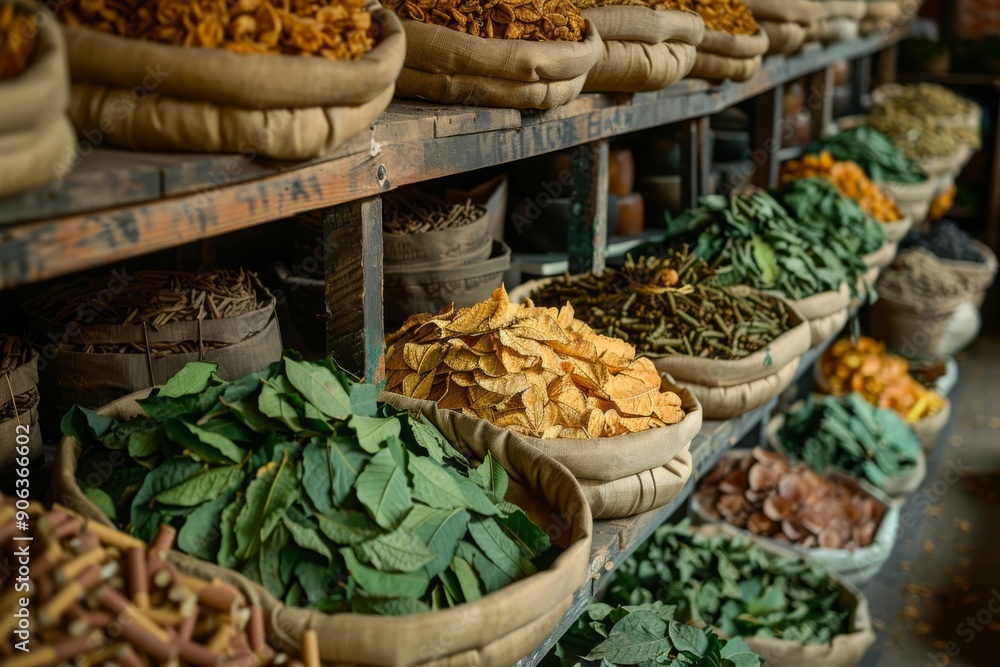 Fototapeta premium Numerous baskets of dried herbs on display at a market